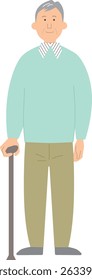 Full-body vector illustration of a senior man holding a cane
