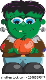 A full-body vector image of boy Frankenstein holding a pumpkin.  Great for Halloween posters and invitations.