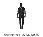 Full-body vector silhouette of a man walking, dressed in a long-sleeved shirt and trousers, isolated on white background.