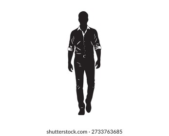 Full-body vector silhouette of a man walking, dressed in a long-sleeved shirt and trousers, isolated on white background.