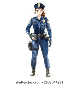 A full-body view of a female police officer in a dark blue uniform, complete with a duty belt, cap, and gloves, standing confidently.