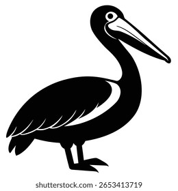 Full-body view of a simple pelican bird silhouette with a distinct bill, eye, and stylized wings. The isolated figure features clean lines and transparent background.