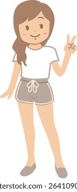 Full-body view of a young woman in loungewear making a peace sign