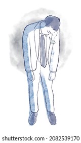 A full-body watercolor hand-drawn illustration of a businessman with dropped shoulders and a sigh. A man in a suit looking down in depression