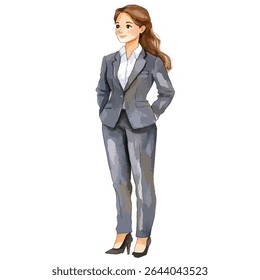 A full-body watercolor illustration of a woman in a gray business suit, white shirt, and black heels, with hands in her pockets and a slight smile.