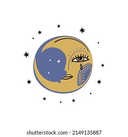 Fullcolor crescent moon with face icon. Boho moon sticker, vintage celestial illustration. Vector isolated on white background. Flat mystical design.