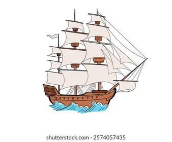 Full-color hand drawn tall sailing ship with multiple masts and detailed rigging. Nautical vessel sketch style. Perfect for nautical designs or historical visuals. Vector illustration