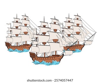 Full-color hand drawn three sailing ships with multiple masts and detailed rigging. Nautical vessel sketch style. Perfect for nautical designs or historical visuals. Vector illustration