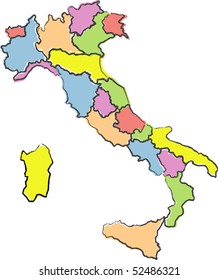 Full-color map of Italy, region borders traced with art-brush style
