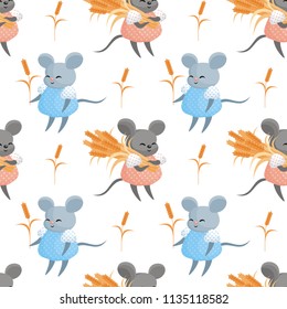 Full-color seamless pattern with the image of cute mouse in the wheat field. Vector background.