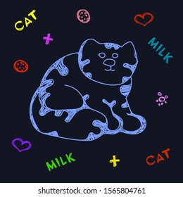 Full-color texture created in vector, including a cat drawing, symbols and words