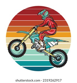 Ilustración vectorial a todo color de un motociclista de suciedad o de un corredor de carreras que toma un giro y sobrepasa una carrera al estilo de dibujos animados de color vintage.