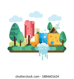 fullcolor waterfall camping riverside flat deisgn vector art