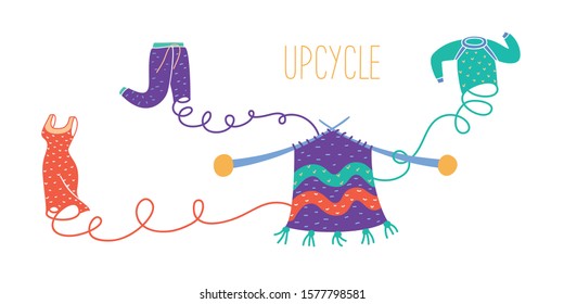 Full-colored illustartion of clothes upcycled into t-shirt yarn and knitted in a new rug.
