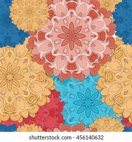 Full-colored seamless pattern for oriental flower print or decoration. Japanese designed motif of mandala. Eastern, arabic, indian, asian, turkish wrapping or ethnic ornament.