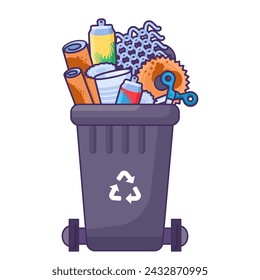 Fulled opened lid container for storing, recycling and sorting used household metal waste. Transportable trash bin for cans, scraps, metal products and items. Stroked cartoon outline vector