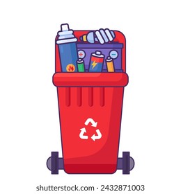 Fulled opened lid container for storing, recycling and sorting used household hazardous waste. Red transportable trash bin for combustible and flammable items. Stroked cartoon outline vector