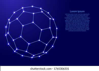 Fullerene, a molecular compound, convex closed polyhedra composed from futuristic polygonal blue lines and glowing stars for banner, poster, greeting card. Vector illustration.