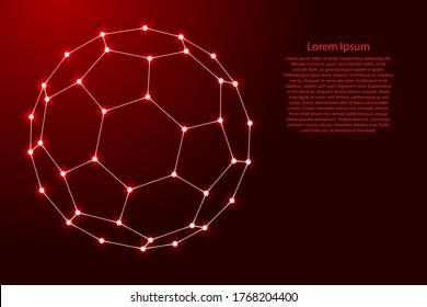 Fullerene, a molecular compound, convex closed polyhedra composed from futuristic polygonal red lines and glowing stars for banner, poster, greeting card. Vector illustration.