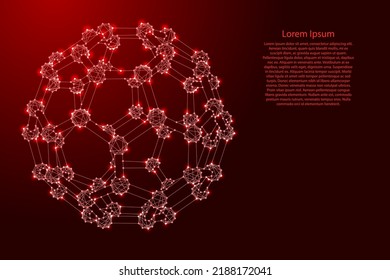Fullerene, un compuesto molecular, estructura a partir de átomos de carbono, de líneas rojas polígonas futuristas y estrellas brillantes para pancarta, afiche, tarjeta de saludo. Ilustración vectorial.