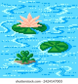 vollformatige Vektorgrafik mit einer pixelförmigen rosa Lotblume oder Wasserlilie, einem Frosch auf einem Stein und einer Wasseroberfläche