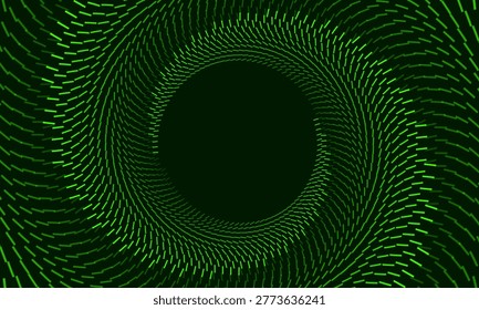 Full-frame neon green dashed spiral vortex pattern with short rotating strokes arranged in concentric swirling tracks around a dark oval center on a deep black-green background. The dense distribution of dash elements creates a strong sense of depth, rotation, and tunnel perspective. This futuristic generative vector texture suits technology backgrounds, cyberpunk design, gaming visuals, music posters, sci-fi projects, and immersive digital art. The high contrast between neon lime green strokes and the dark background delivers a powerful visual energy.