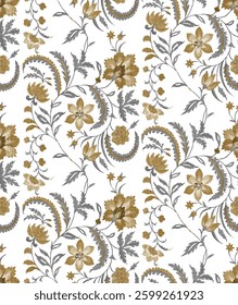 Full-frame, repeating floral pattern on a white background. The design consists of stylized floral motifs and vines. The flowers are predominantly a detailed shading.