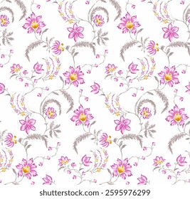 Full-frame, seamless floral pattern on a white background. The pattern features a repeating motif of delicate red, green, blue, cyan, yellow, pink stylized flowers and vines. 