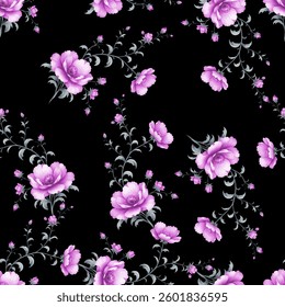Full-frame, seamless floral pattern on a black background. The pattern is densely packed with small bouquets of flowers. The flowers are stylized, appearing almost like peonies or large roses.