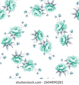 Full-frame, seamless floral pattern on a white background. The pattern features various bouquets of stylized peonies in shades of light color. The flowers are rendered with some detail.