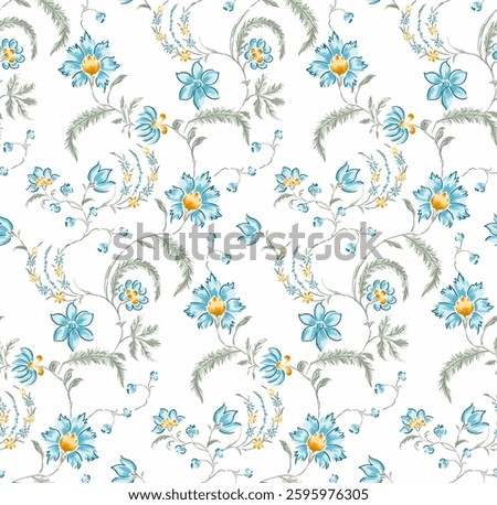 Full-frame, seamless floral pattern on a white background. The pattern features a repeating motif of delicate red, green, blue, cyan, yellow, pink stylized flowers and vines. 