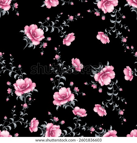 Full-frame, seamless floral pattern on a black background. The pattern is densely packed with small bouquets of flowers. The flowers are stylized, appearing almost like peonies or large roses.