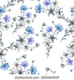Full-frame, seamless floral pattern, predominantly colored flowers on a white background. The flowers are various shades of detailed petals and centers.