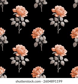 Full-frame, seamless floral pattern. A repeating pattern of roses on a black background. Each rose is a detailed depiction, featuring a multi layered, nuanced center of petals.