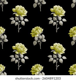 Full-frame, seamless floral pattern. A repeating pattern of roses on a black background. Each rose is a detailed depiction, featuring a multi layered, nuanced center of petals.