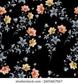 Full-frame, seamless pattern of stylized floral motifs. The background is a solid black. Numerous small flowering branches are scattered throughout the image. 