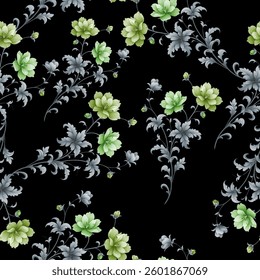 Full-frame, seamless pattern of stylized floral motifs. The background is a solid black. Numerous small flowering branches are scattered throughout the image. 