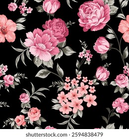 Full-frame view of a floral pattern on a black background. The pattern features various types of flowers in shades of green, cyan, blue, pink, yellow and red color the black backdrop. 