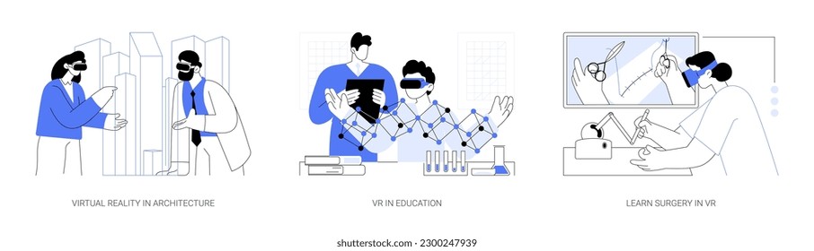 Full-immersive virtual reality abstract concept vector illustration set. Virtual reality in architecture and education, learn surgery in VR, modern technology innovation abstract metaphor.