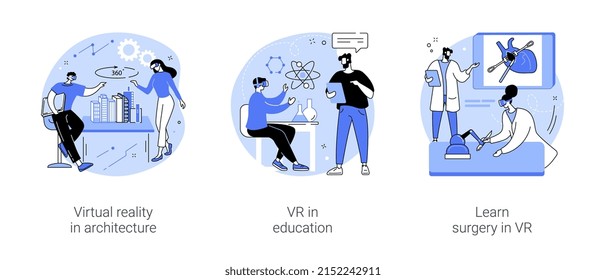 Full-immersive virtual reality isolated cartoon vector illustrations set. Virtual reality in architecture and education, learn surgery in VR, modern technology innovation vector cartoon.