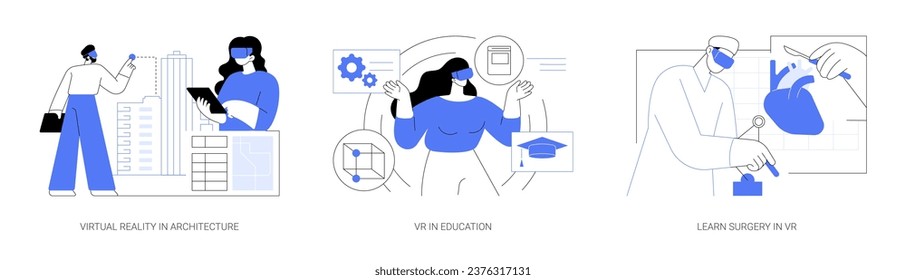 Realidad virtual completa aislada ilustraciones vectoriales de dibujos animados conjunto. Realidad virtual en arquitectura y educación, aprender cirugía en VR, caricatura vectorial de innovación tecnológica moderna.