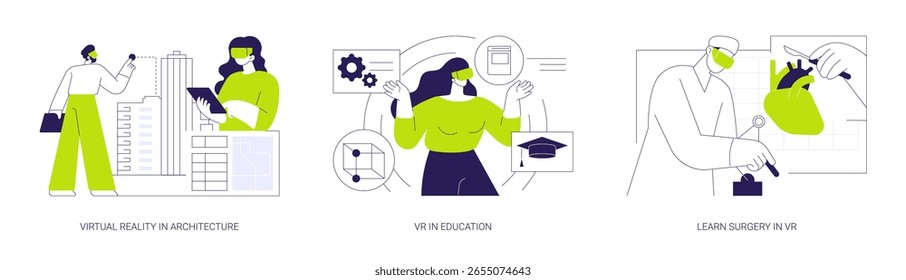 Conjunto de Ilustraciones vectoriales de dibujos animados aislados de realidad virtual completamente inmersivo. La realidad virtual en la arquitectura y la educación, aprender la cirugía en la realidad virtual, la innovación de la tecnología moderna Vector de dibujos animados.