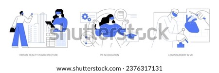 Full-immersive virtual reality isolated cartoon vector illustrations set. Virtual reality in architecture and education, learn surgery in VR, modern technology innovation vector cartoon.