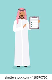 Full-length arabic businessman standing and holding  a clipboard with a check list. Vector flat illustration