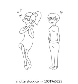 Full-length contour composition with a couple pretty in love girls whom are standing and watching around. Isolated on a white background. Concept for cover, poster and sticker.