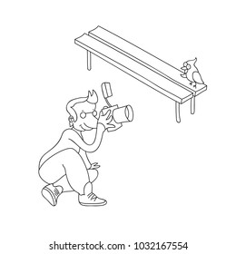 Full-length contour composition with reclining man with a camera. He's shooting bird on a bench. Isolated on a white background. Concept for cover, poster and sticker.