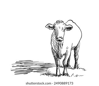 Full-length drawing of a cow, Vector sketch of a hornless cow standing in a pasture and looking forward, Front view, Hand drawn illustration