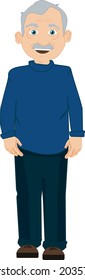 Full-length drawing of an elderly man in a blue shirt and dark pants