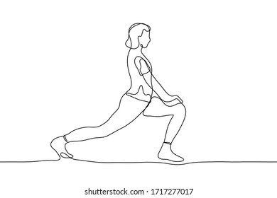 Full-length drawing of a woman who is warming up (training) before jogging. Warming up muscles before jogging. Athletic woman before exercise. One continuous line art.