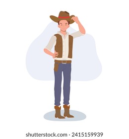 Full-length flat cartoon cowboy. vintage western character illustration